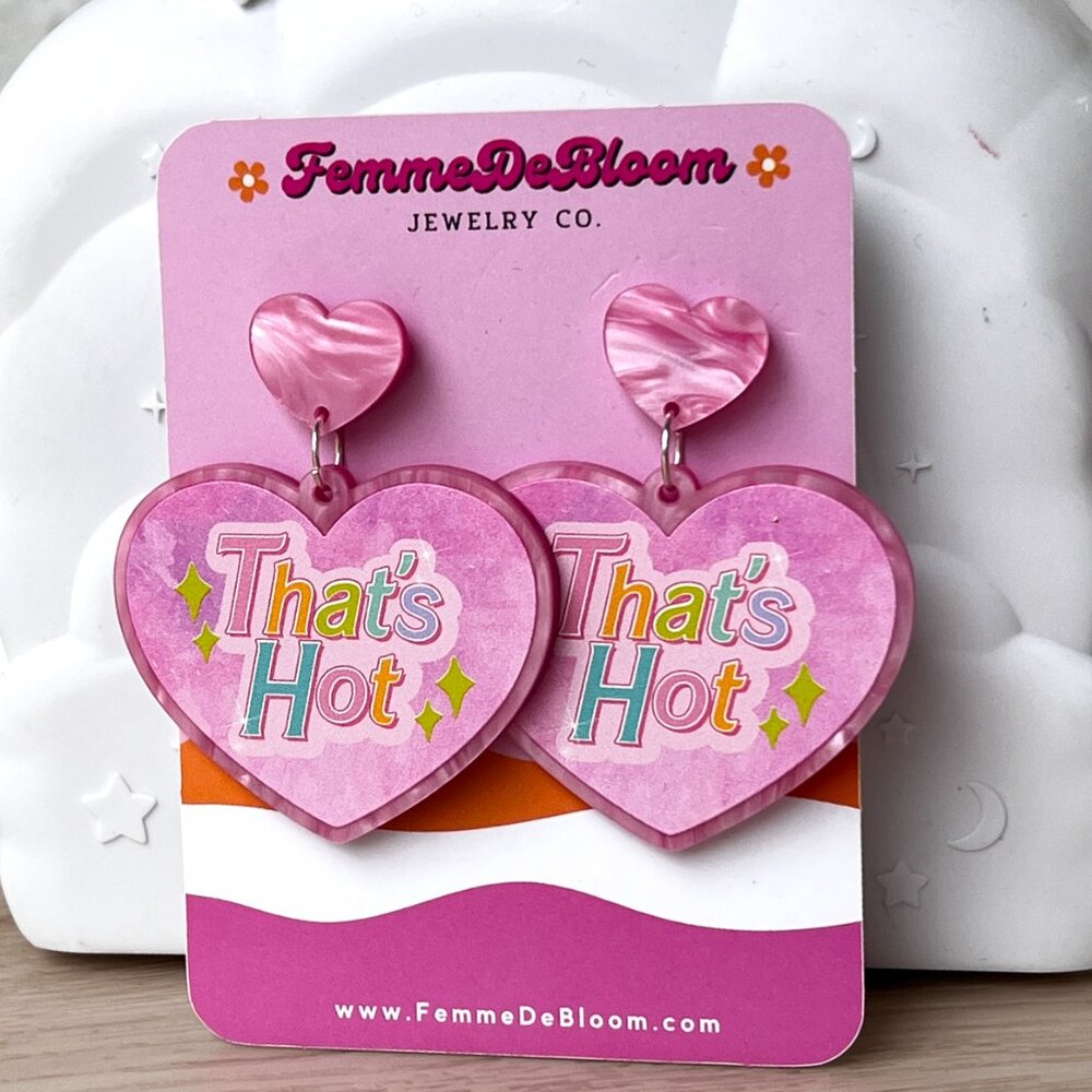 NWT FemmeDeBloom Y2K Paris-Inspired "That's Hot" Pink Heart Drop Earrings - Picture 8 of 9